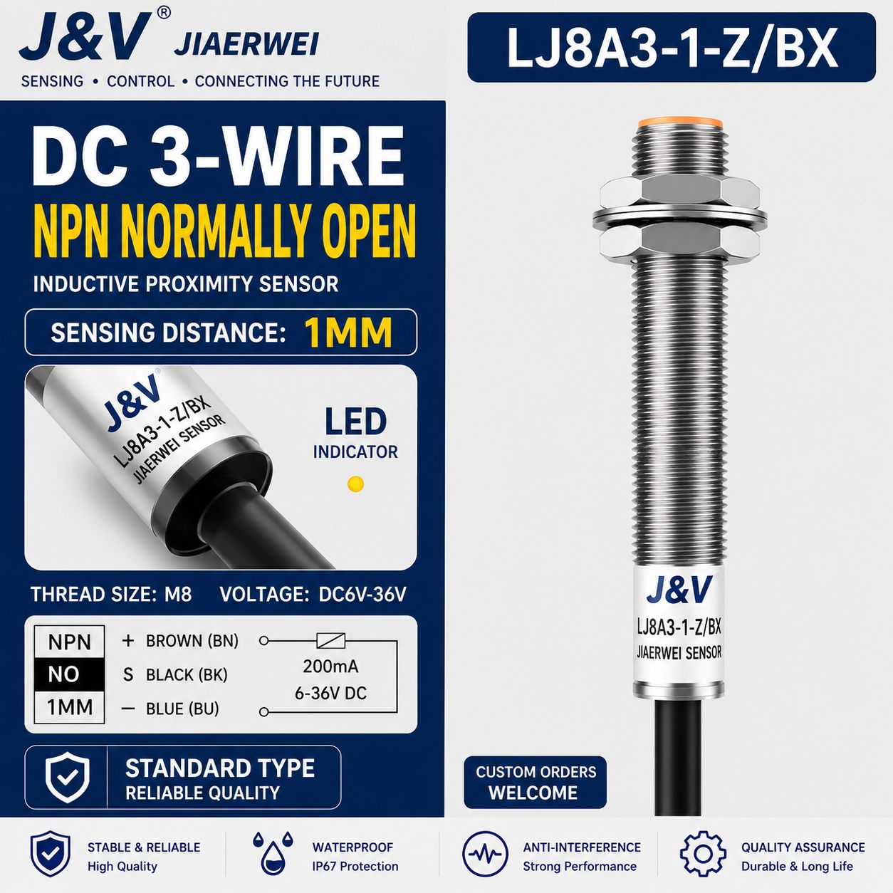J&V LJ8A3-1-Z/BX M8 flush NPN normally open inductive proximity sensor label and wiring