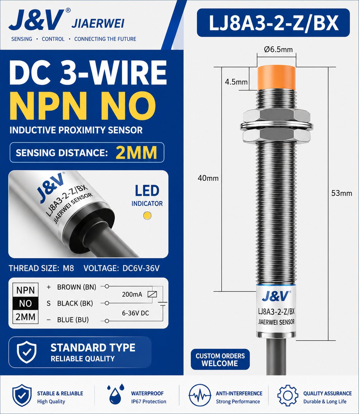 J&V LJ8A3-2-Z/BX M8 non-flush NPN normally open inductive proximity sensor dimensions and wiring