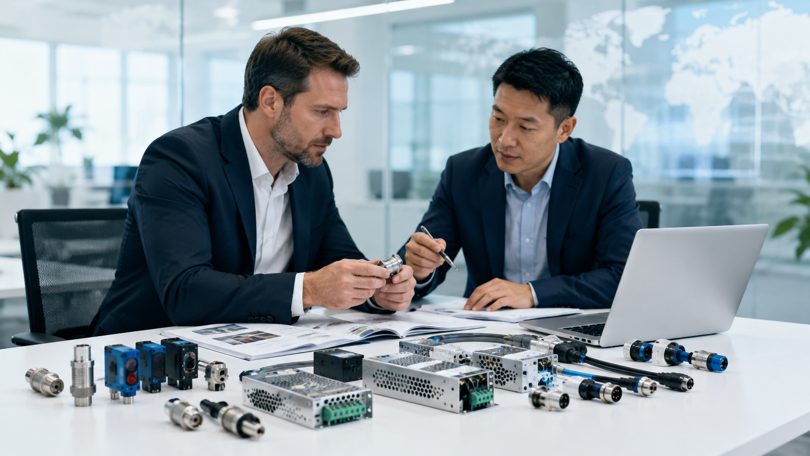 J&V business cooperation meeting reviewing automation components and catalogs