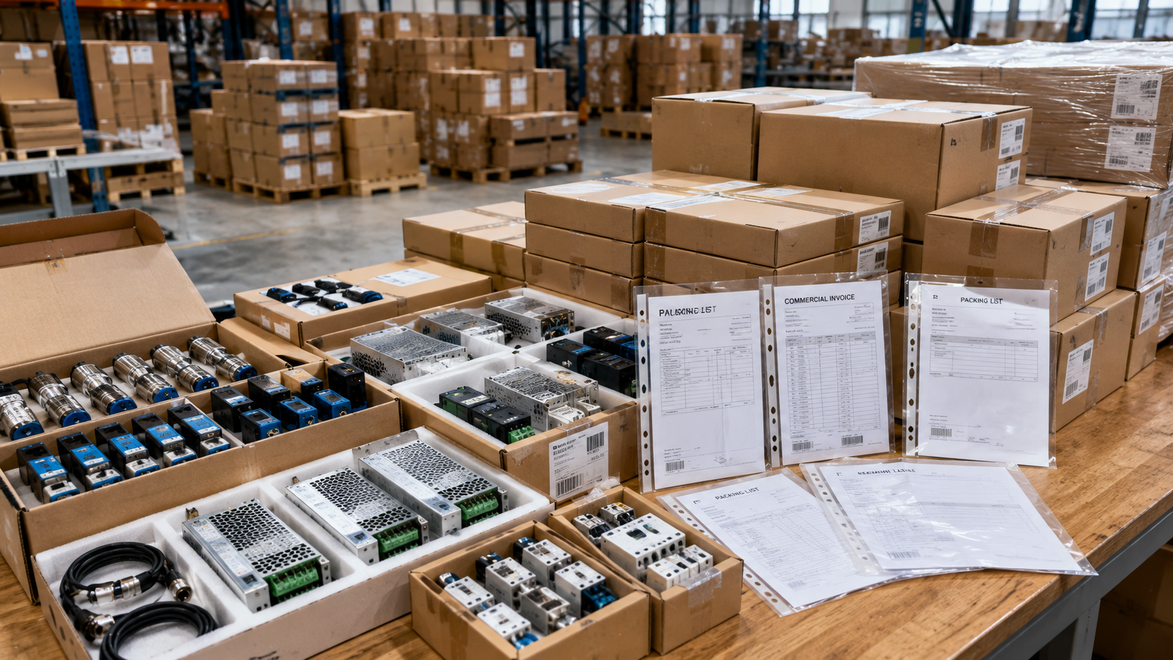 Warehouse packing scene for industrial automation components and export documents