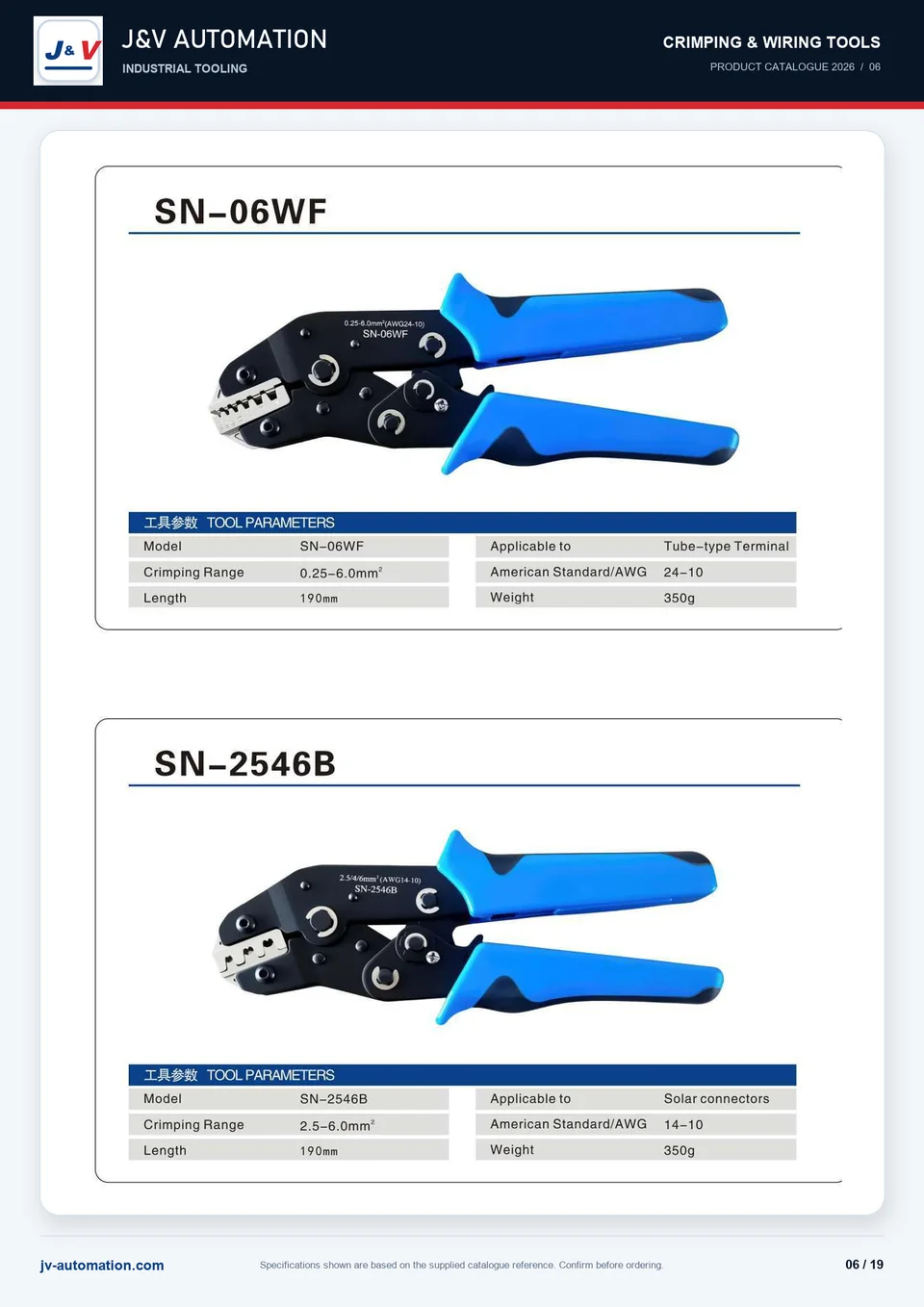 SN-06WF and SN-2546B terminal crimping tool catalogue reference