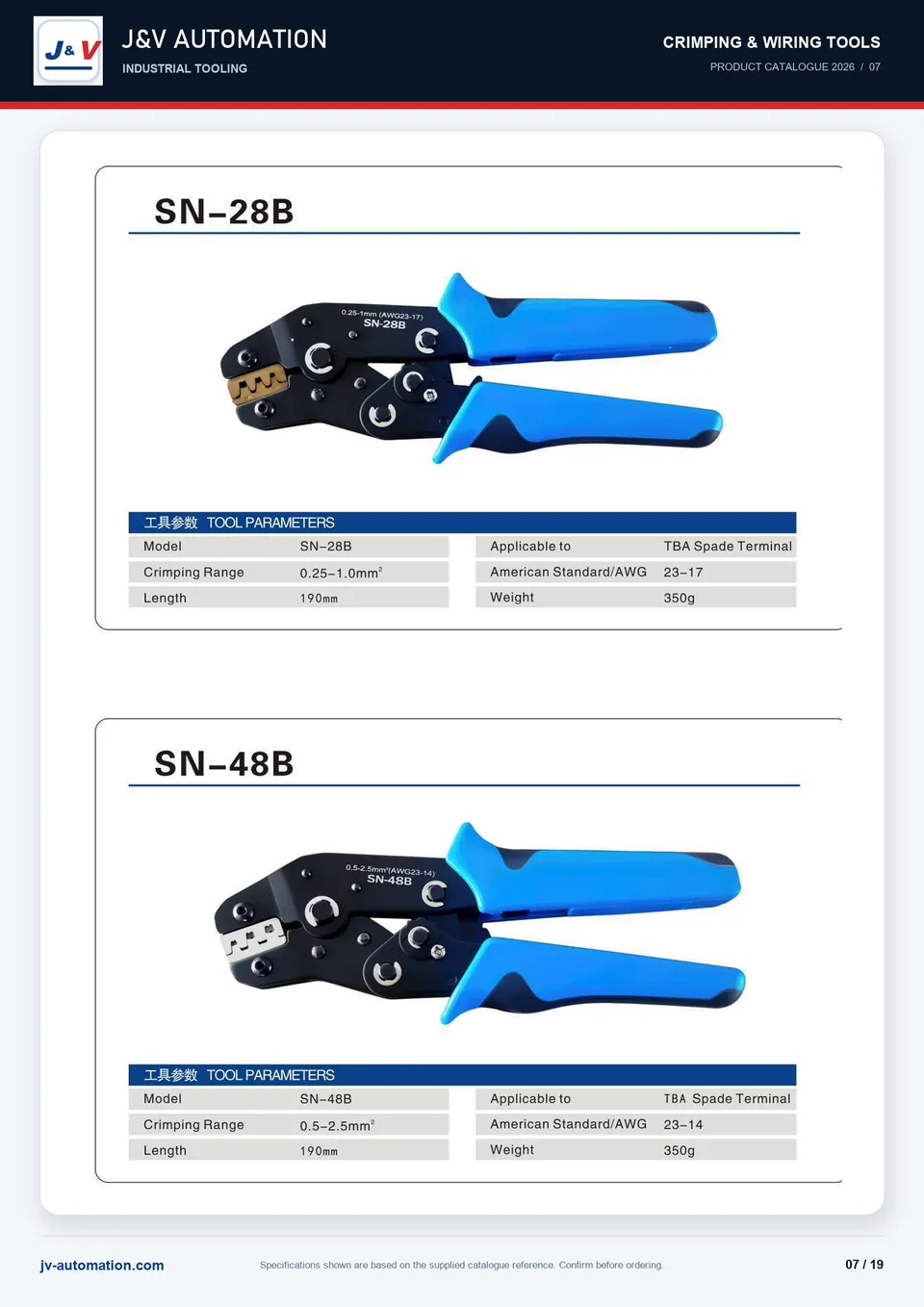 SN-28B and SN-48B ratchet terminal crimper catalogue reference