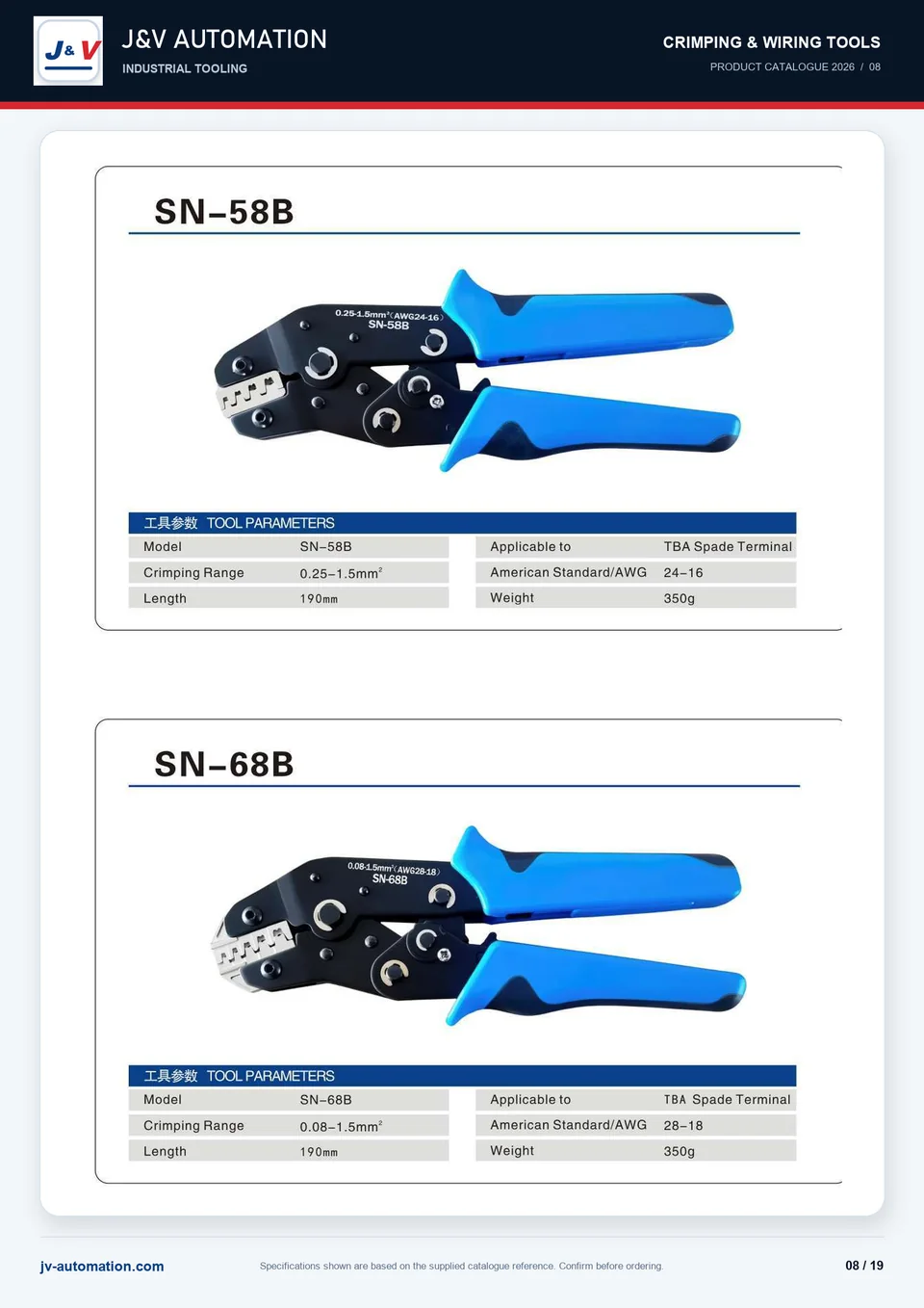 SN-58B and SN-68B ratchet terminal crimper catalogue reference