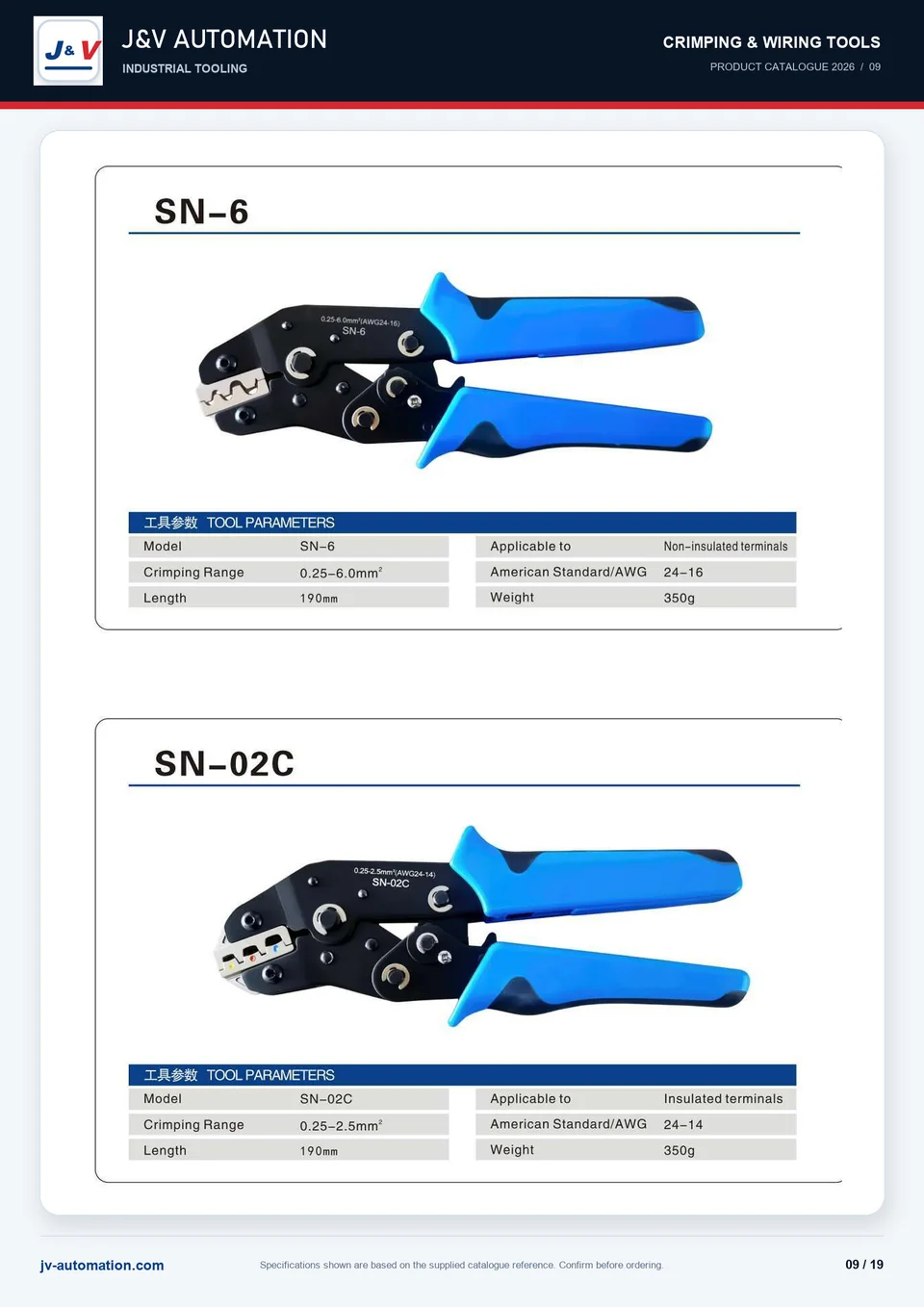 SN-6 and SN-02C terminal crimping tool catalogue reference