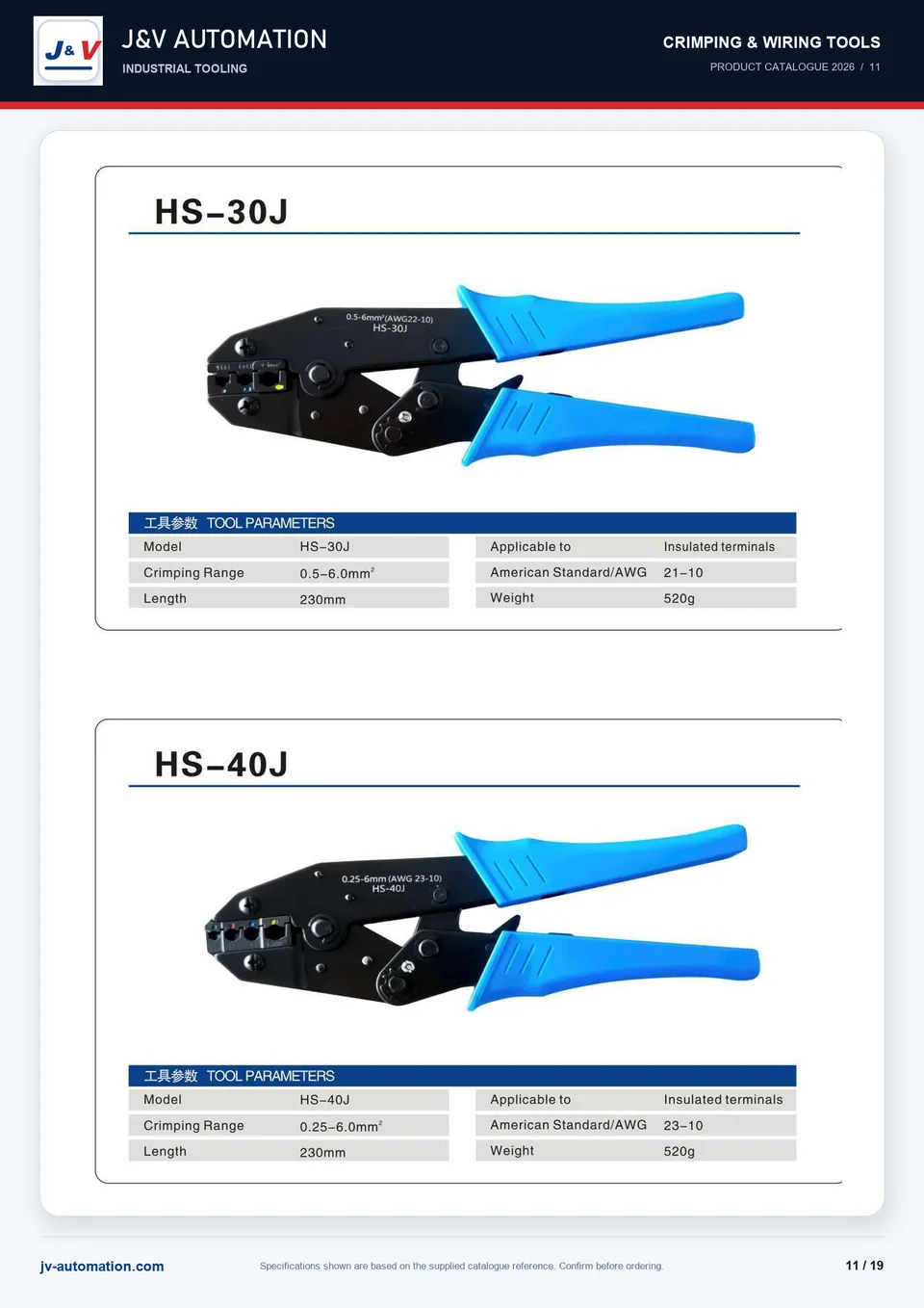 HS-30J and HS-40J insulated terminal crimper catalogue reference