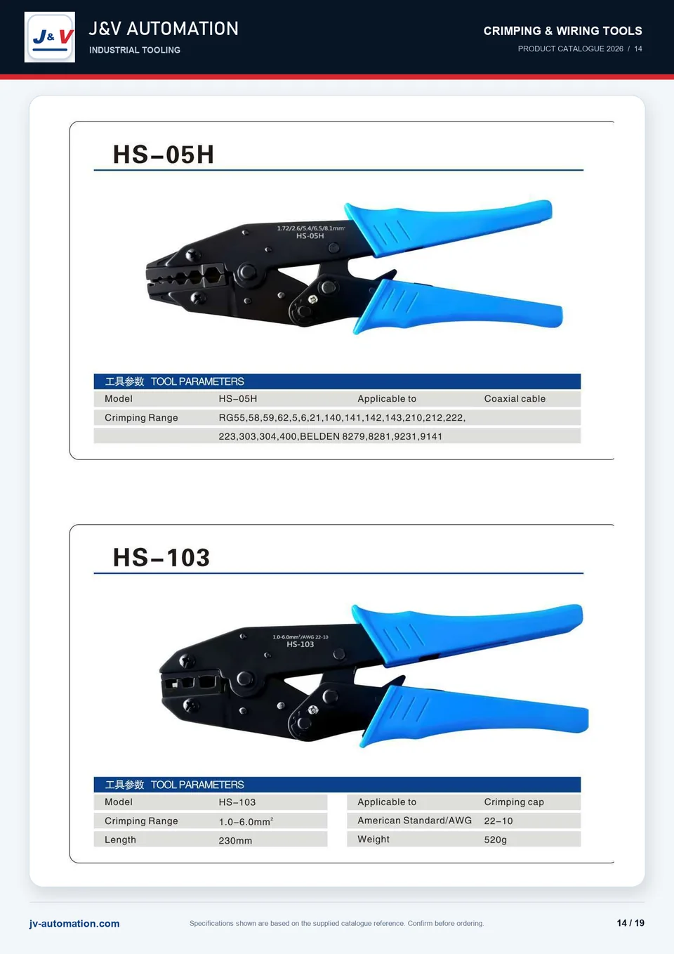 HS-05H and HS-103 terminal crimping tool catalogue reference